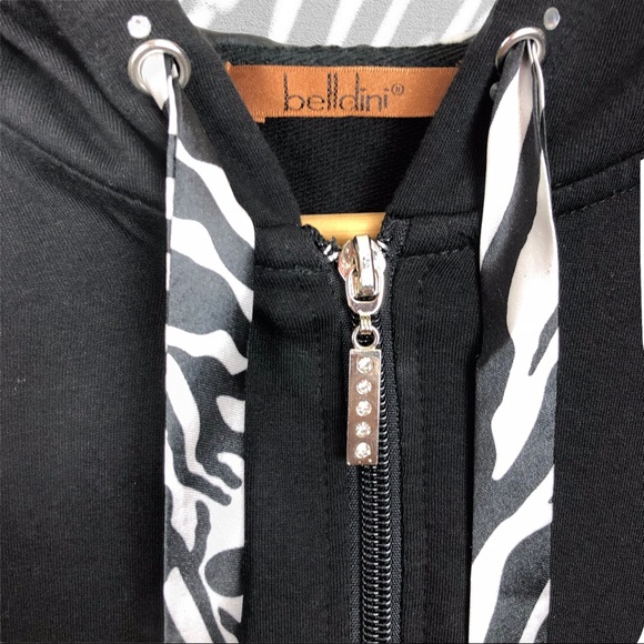 Belldini Rhinestone Zebra Print Zip UP Stretchy Hooded Jacket Black - Picture 5 of 9